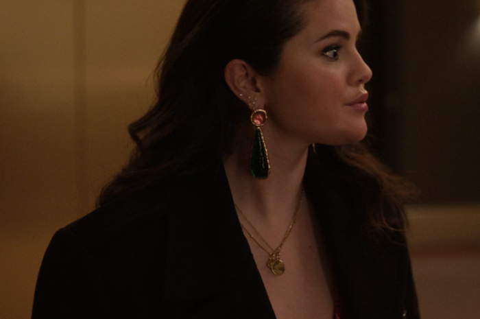 Pink and Green Acrylic Beaded Drop Statement Earrings of Selena Gomez as Mabel Mora Outfit Only Murders in the Building TV Show