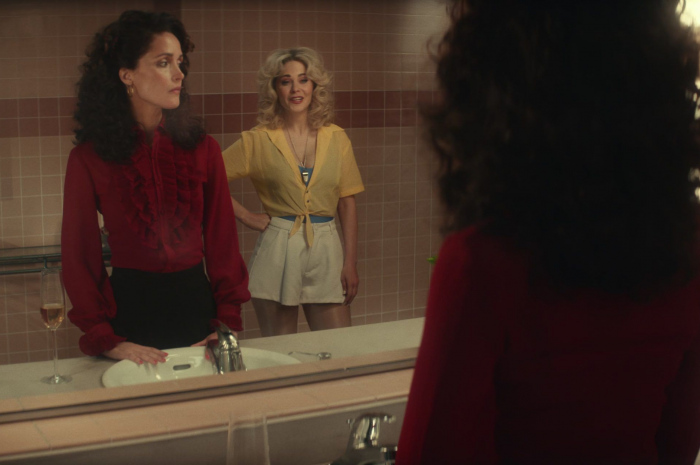 Red Long Sleeved Ruffle Blouse Top Worn by Rose Byrne as Sheila Rubin Outfit Physical TV Show