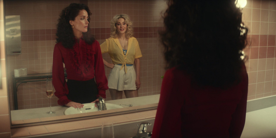 Red Long Sleeved Ruffle Blouse Top Worn by Rose Byrne as Sheila Rubin