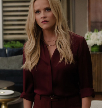 Burgundy Silk Blouse Worn by Reese Witherspoon as Bradley Jackson Outfit The Morning Show TV Show