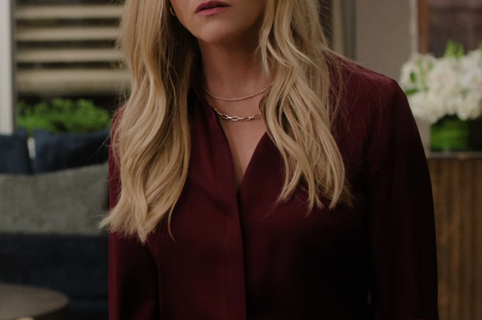 Burgundy Silk Blouse Worn by Reese Witherspoon as Bradley Jackson Outfit The Morning Show TV Show