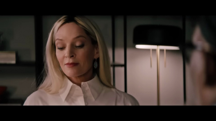 aquamarine drop earrings - Uma Thurman (Patrice Capullo) - The Kill Room (2023) Movie