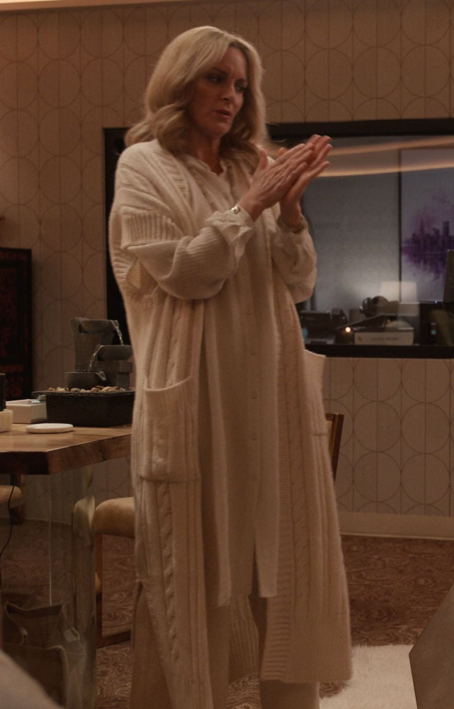 white long knit cardigan - Tina Fey (Cinda Canning) - Only Murders in the Building TV Show