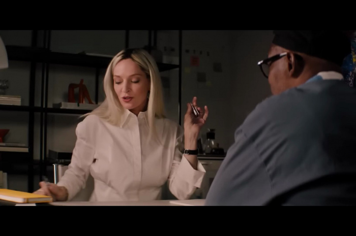 White Long Sleeve Shirt of Uma Thurman as Patrice Capullo Outfit The Kill Room (2023) Movie