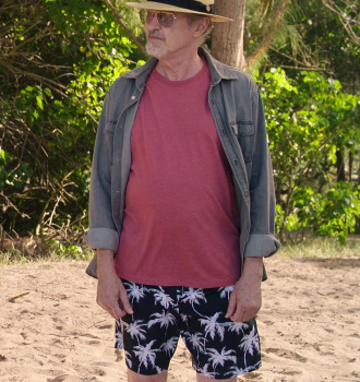 Worn on Vacation Friends 2 (2023) Movie - Palm Print Black Shorts Worn by Steve Buscemi as Reese Hackford