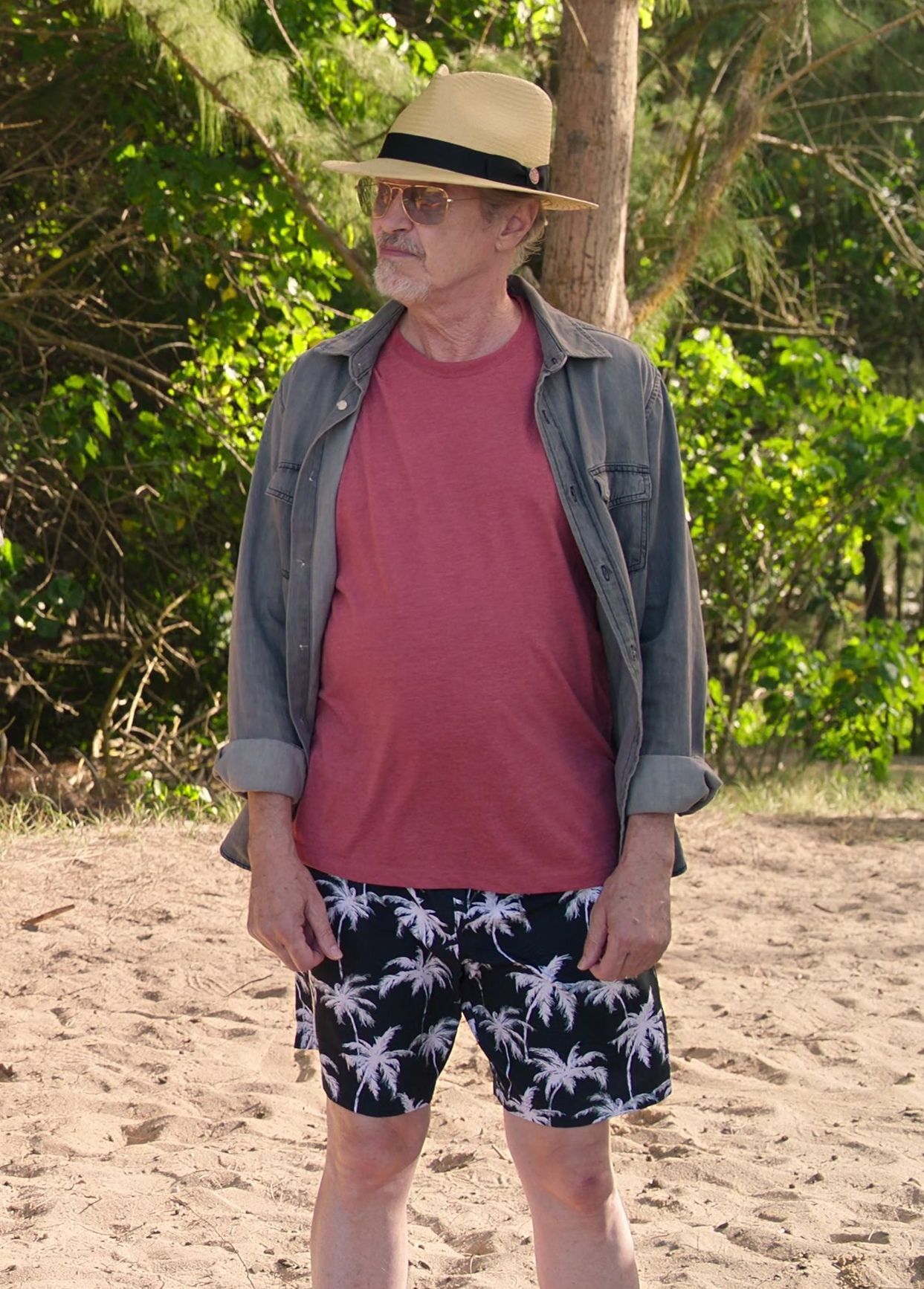 Worn on Vacation Friends 2 (2023) Movie - Palm Print Black Shorts Worn by Steve Buscemi as Reese Hackford