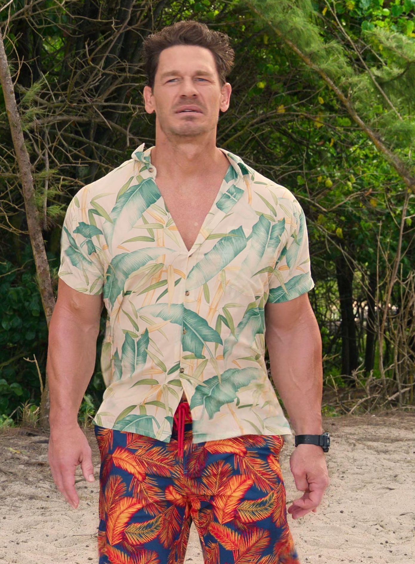 Worn on Vacation Friends 2 (2023) Movie - Banana Leaf Print Shirt of John Cena as Ron
