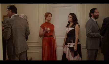 Graphic Print V-neck Cut-out on the Shoulders Sleeveless Flared Dress Worn by Kristin Davis as Charlotte York Goldenblatt Outfit And Just Like That... TV Show