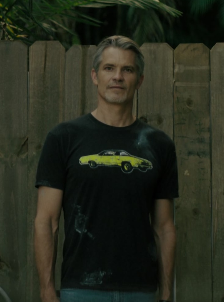 Worn on Justified: City Primeval TV Show - Car Print Tee Worn by Timothy Olyphant as Raylan Givens