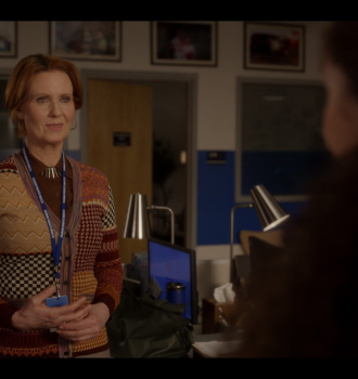 Patchwork Jacquard Cardigan Worn by Cynthia Nixon as Miranda Hobbes Outfit And Just Like That... TV Show