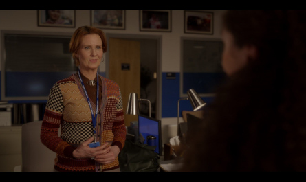 Patchwork Jacquard Cardigan Worn by Cynthia Nixon as Miranda Hobbes Outfit And Just Like That... TV Show