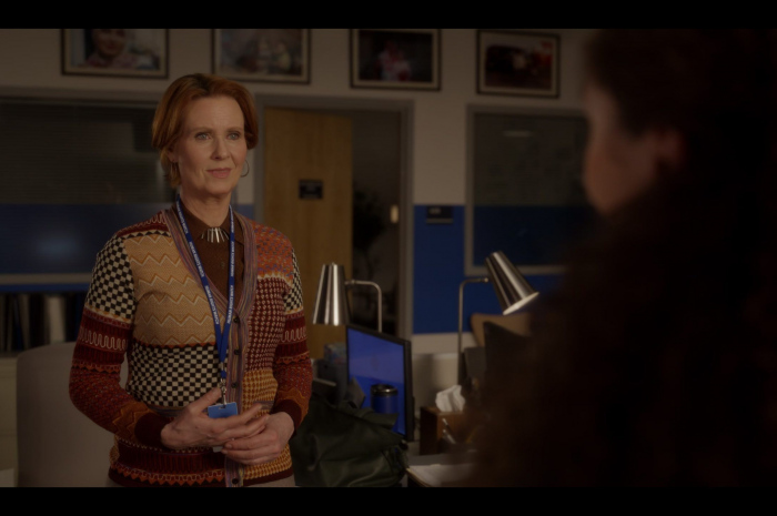 Patchwork Jacquard Cardigan Worn by Cynthia Nixon as Miranda Hobbes Outfit And Just Like That... TV Show