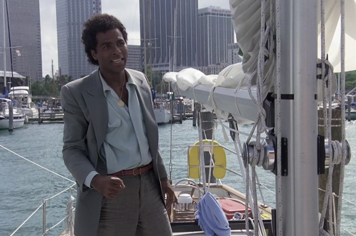 Grey Double Breasted Jacket of  Philip Michael Thomas as Detective Ricardo Tubbs Outfit Miami Vice TV Show