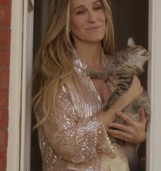 Rose Gold Sequin Embellished Shirt of Sarah Jessica Parker as Carrie Bradshaw Outfit And Just Like That... TV Show