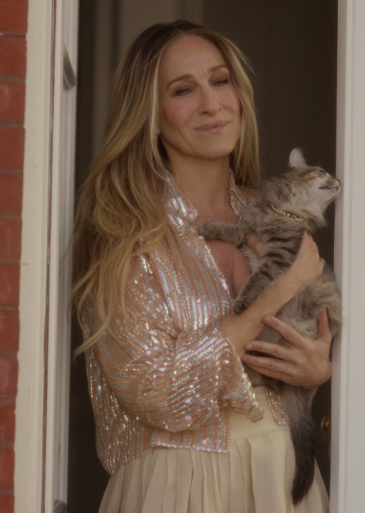rose gold sequin embellished shirt - Sarah Jessica Parker (Carrie Bradshaw) - And Just Like That... TV Show