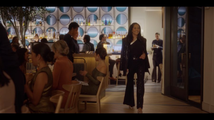 sequin sparkly blazer and pants suit - Sarita Choudhury (Seema Patel) - And Just Like That... TV Show