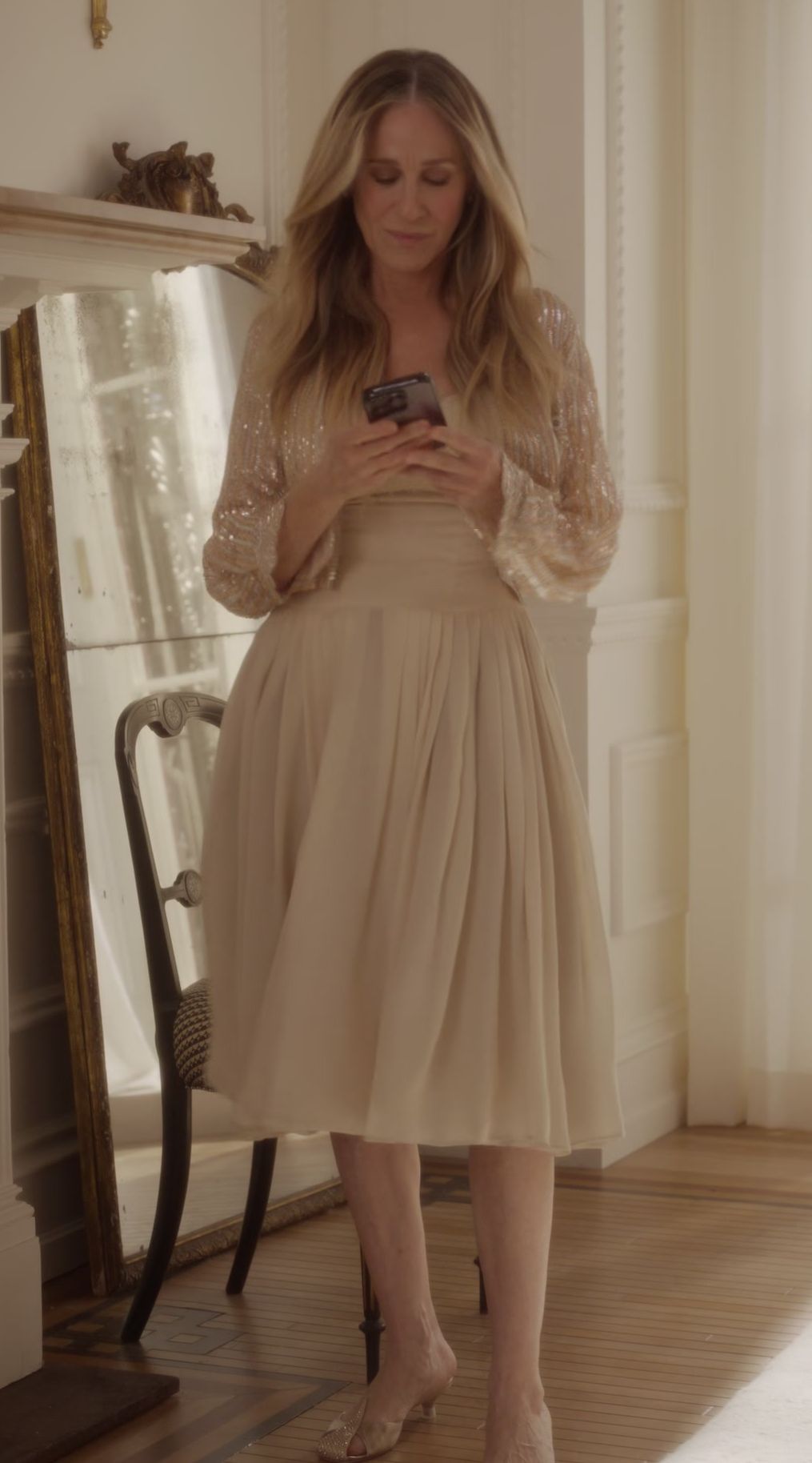 Worn on And Just Like That... TV Show - Champagne Midi Dress Worn by of Sarah Jessica Parker as Carrie Bradshaw