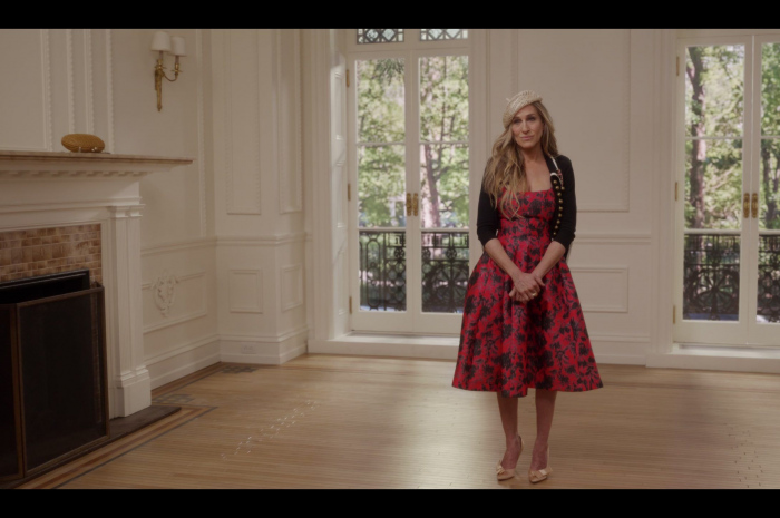 Floral-Jacquard Print Sleeveless Midi Dress Worn by Sarah Jessica Parker as Carrie Bradshaw Outfit And Just Like That... TV Show