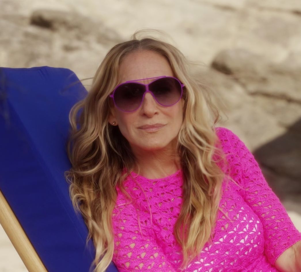Worn on And Just Like That... TV Show - Bright Clover Aviator Sunglasses of Sarah Jessica Parker as Carrie Bradshaw