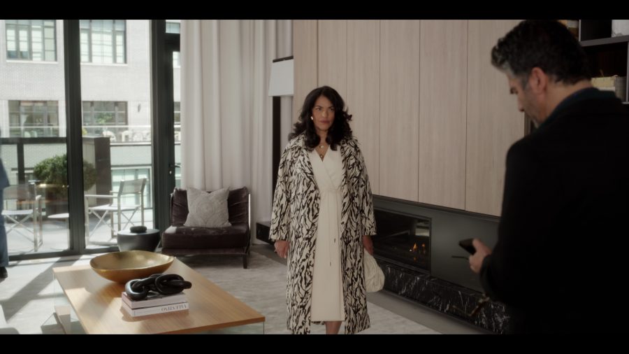 black and white abstract printed coat - Sarita Choudhury (Seema Patel) - And Just Like That... TV Show