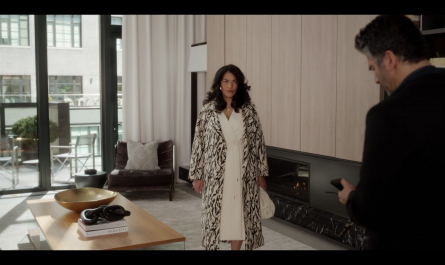 Black and White Abstract Printed Coat of Sarita Choudhury as Seema Patel Outfit And Just Like That... TV Show