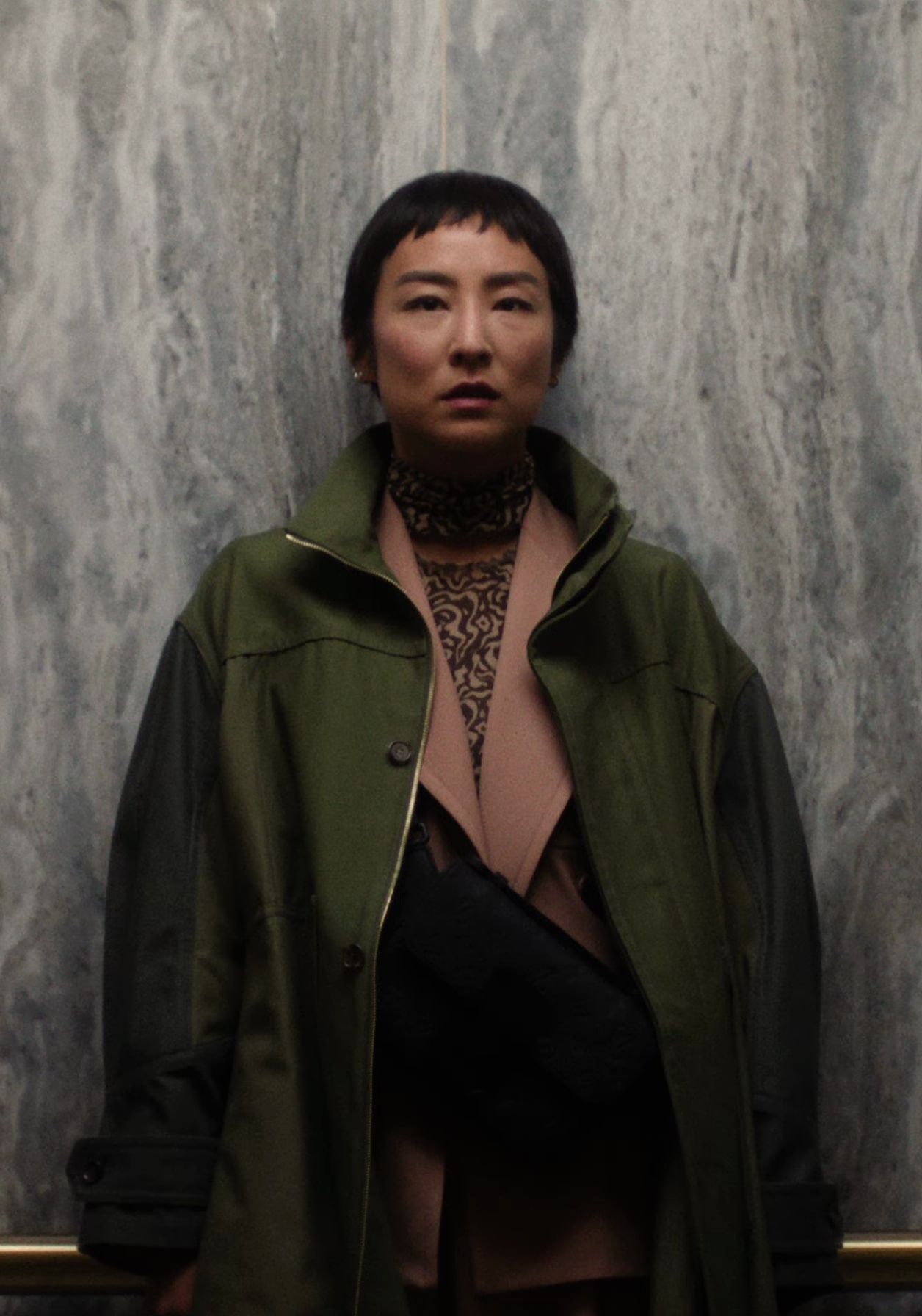 Dark Olive Jacket Worn by Greta Lee as Stella Bak