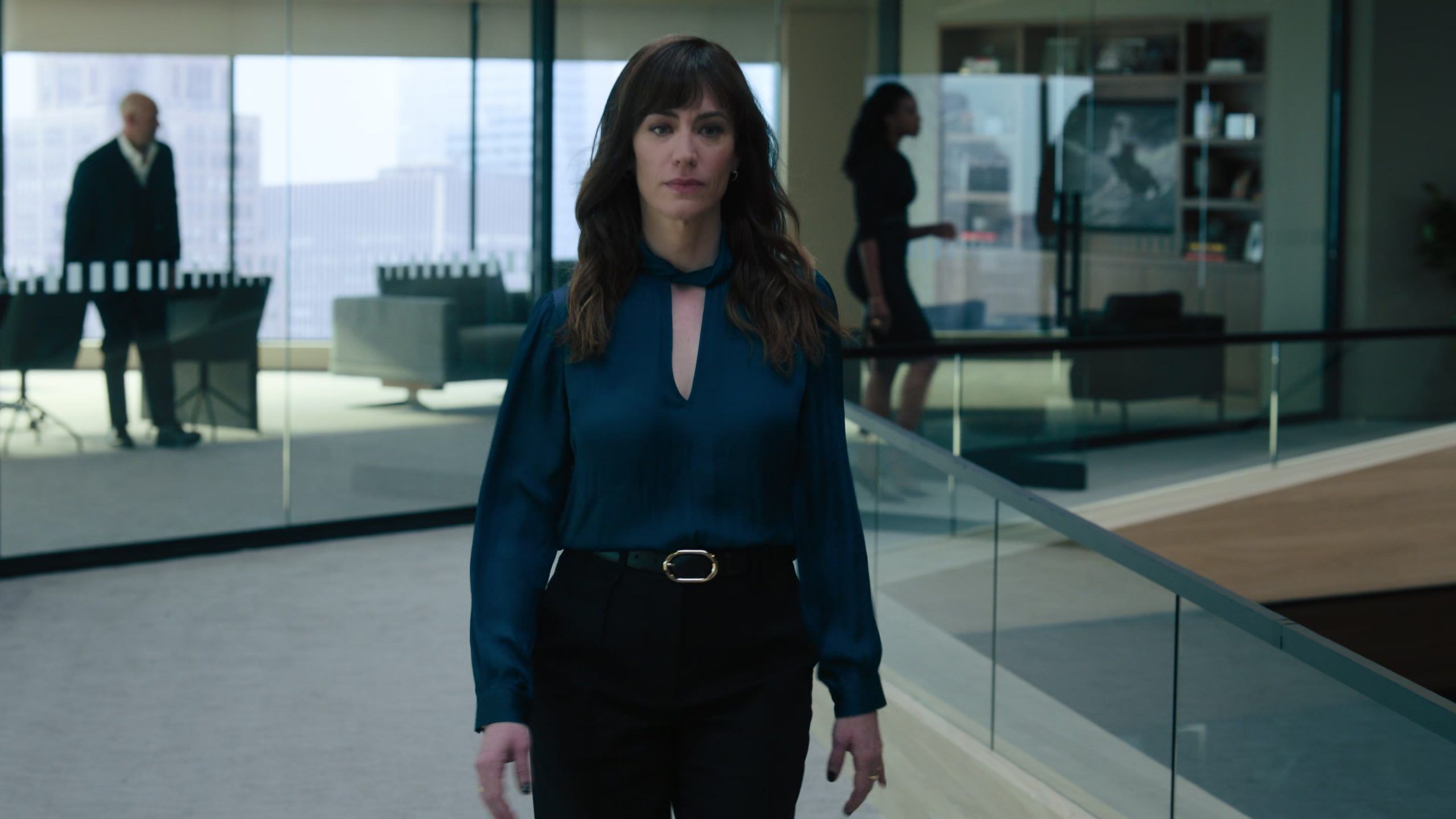 Twist Cutout Neck Satin Top of Maggie Siff as Wendy Rhoades