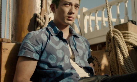 Blue Printed Short Sleeve Shirt Worn by Mackenyu as Roronoa Zoro Outfit One Piece TV Show