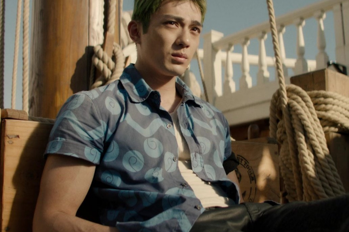 Blue Printed Short Sleeve Shirt Worn by Mackenyu as Roronoa Zoro Outfit One Piece TV Show