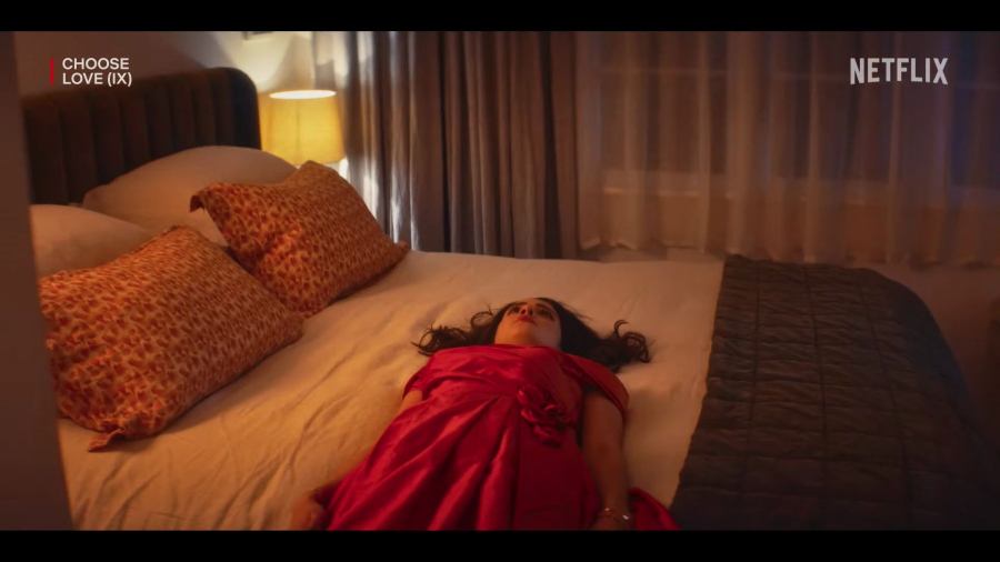 red evening dress - Laura Marano (Cami) - Choose Love (2023) Movie