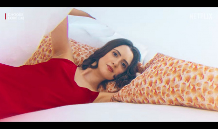 Red Satin Chemise Nightwear of Laura Marano as Cami Outfit Choose Love (2023) Movie