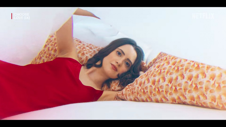 red satin chemise nightwear - Laura Marano (Cami) - Choose Love (2023) Movie
