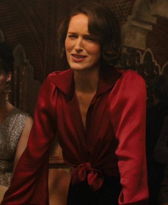 Red Satin Front Tie Blouse Worn by Phoebe Waller-Bridge as Helena Shaw Outfit Indiana Jones and the Dial of Destiny (2023) Movie