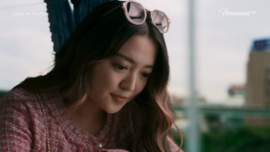 pink angular oval sunglasses - Chelsea Zhang (Sophie Ha) - Love in Taipei (2023) Movie