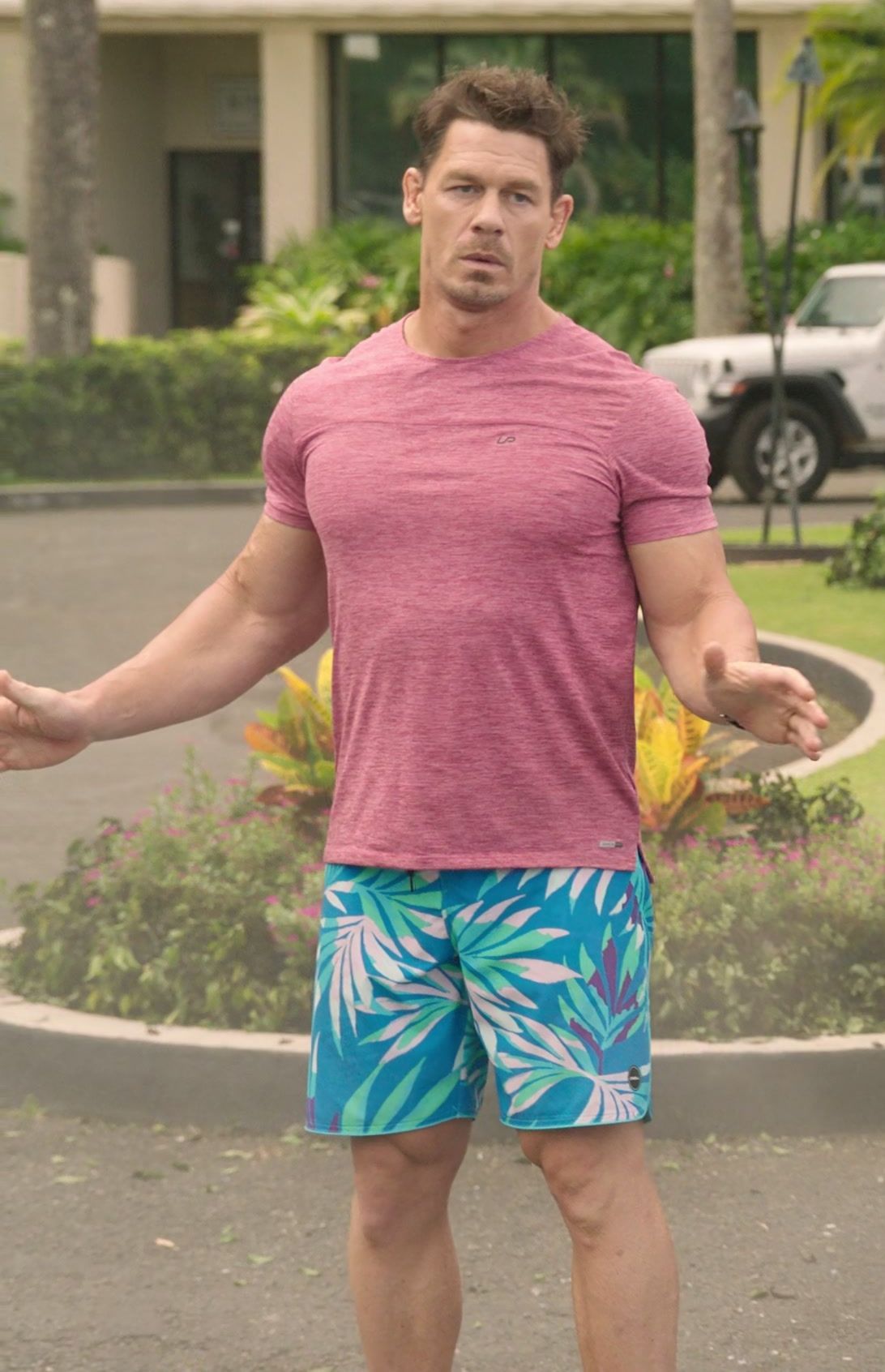 Worn on Vacation Friends 2 (2023) Movie - Blue Tropical Pattern Surf Board Shorts of John Cena as Ron