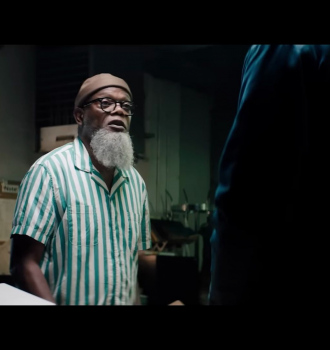 White and Green Stripe Short Sleeve Shirt Worn by Samuel L. Jackson as Gordon Davis Outfit The Kill Room (2023) Movie