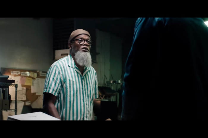 White and Green Stripe Short Sleeve Shirt Worn by Samuel L. Jackson as Gordon Davis Outfit The Kill Room (2023) Movie