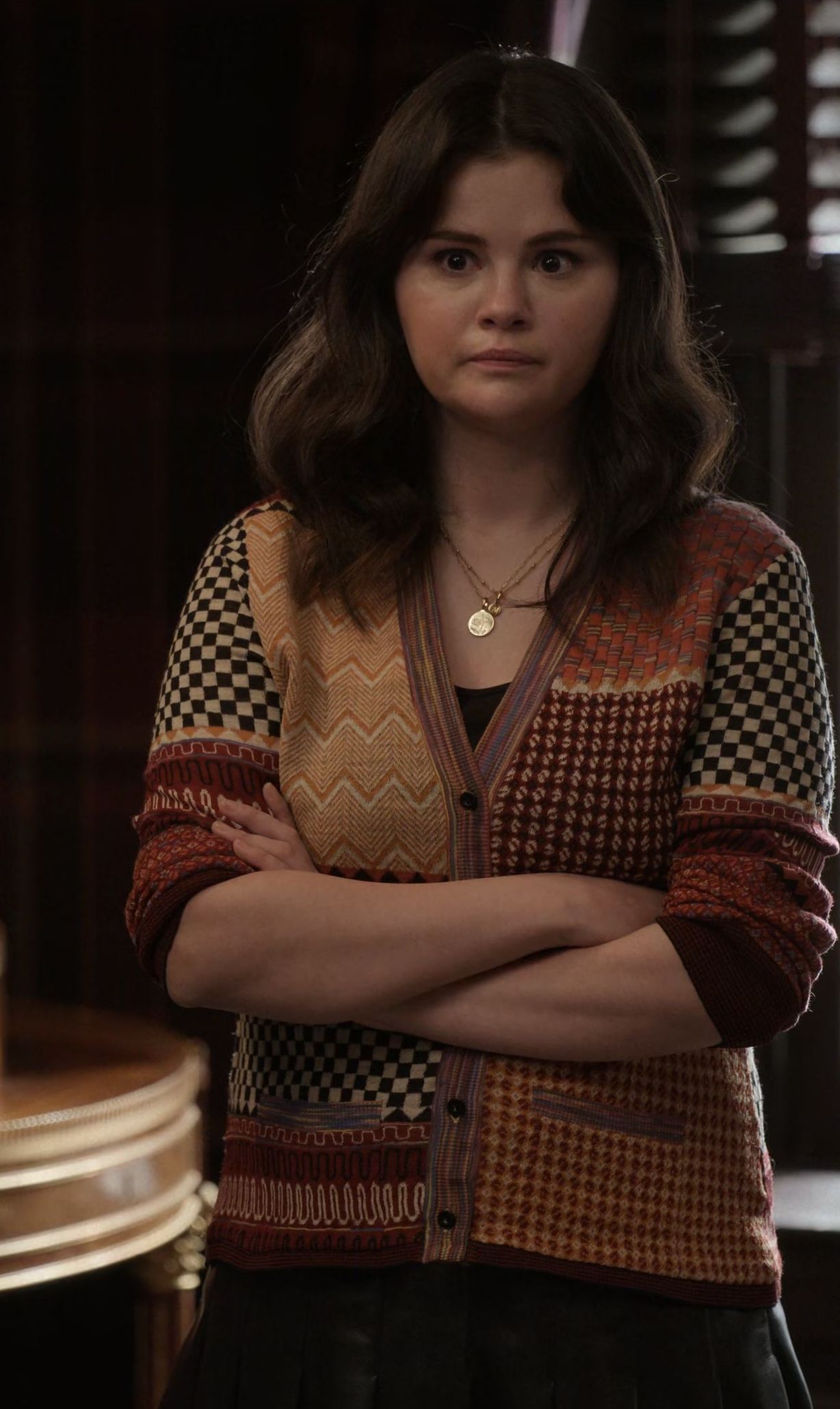 Patchwork Jacquard Cardigan Worn by Selena Gomez as Mabel Mora