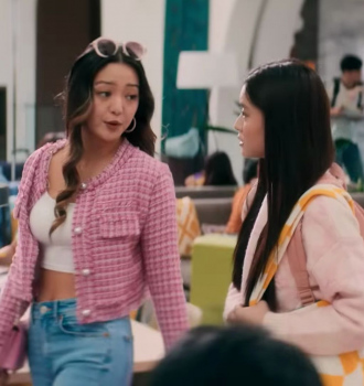 Pink Jacquard Cropped Blazer Jacket Worn by Chelsea Zhang as Sophie Ha Outfit Love in Taipei (2023) Movie