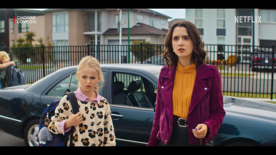 purple suede moto jacket - Laura Marano (Cami) - Choose Love (2023) Movie