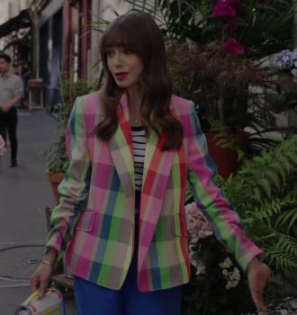 Neon Check Blazer Worn by Lily Collins as Emily Cooper Outfit Emily in Paris TV Show
