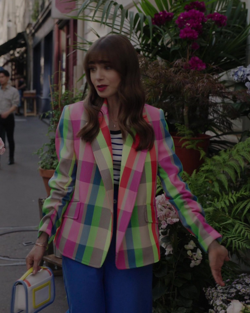 neon check blazer - Lily Collins (Emily Cooper) - Emily in Paris TV Show