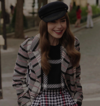 Double Breasted Check Jacket of Lily Collins as Emily Cooper Outfit Emily in Paris TV Show