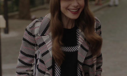 Double Breasted Check Jacket of Lily Collins as Emily Cooper Outfit Emily in Paris TV Show