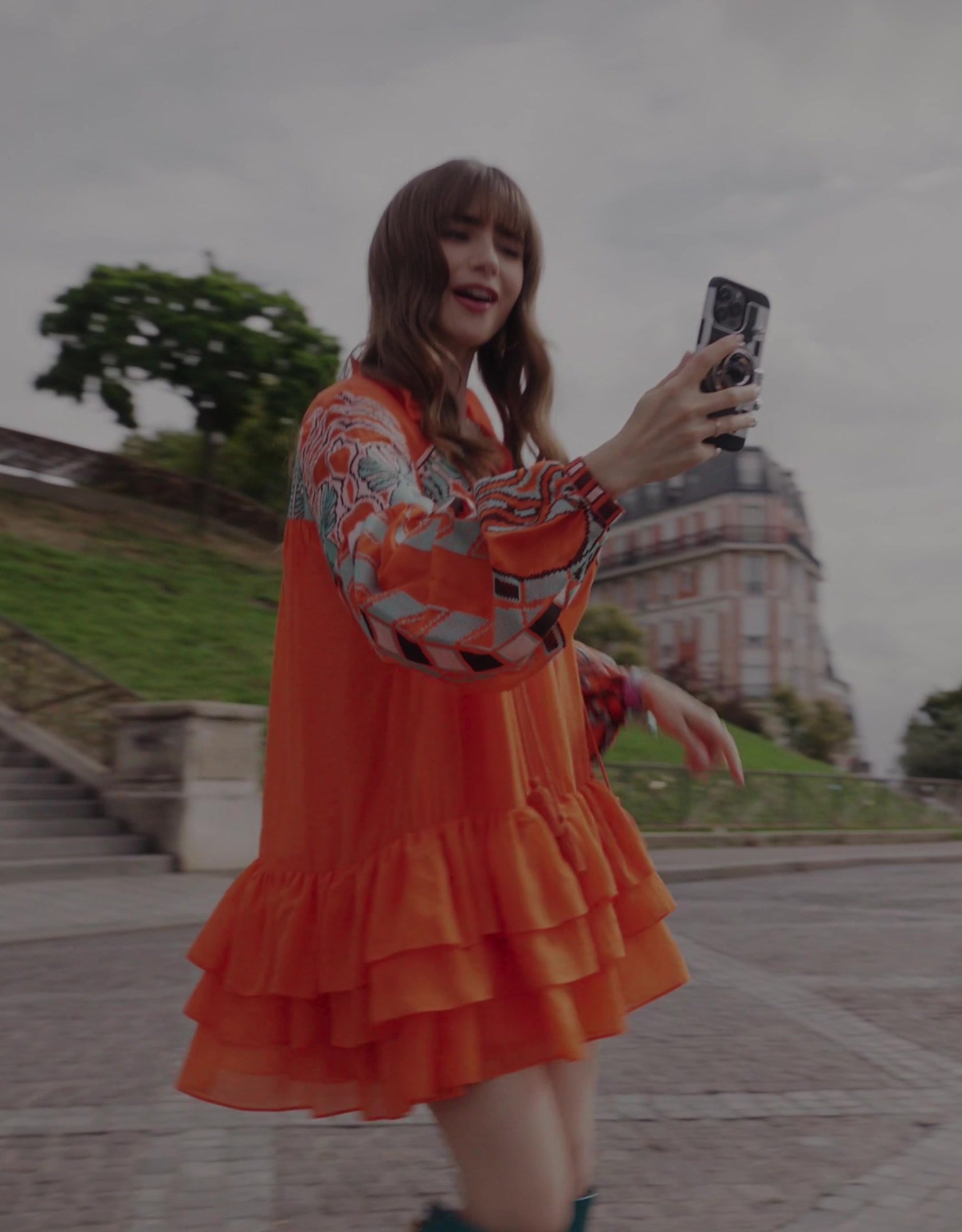 Orange Flounced Hem Tunic Dress of Lily Collins as Emily Cooper