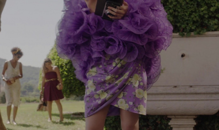Purple Ruffle Jacket and Floral Print Dress Worn by Lily Collins as Emily Cooper Outfit Emily in Paris TV Show