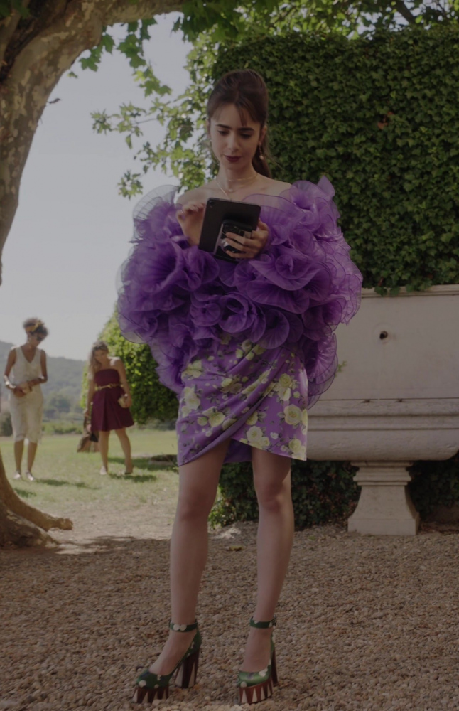 purple ruffle jacket and floral print dress - Lily Collins (Emily Cooper) - Emily in Paris TV Show