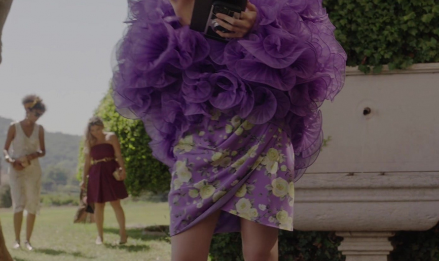 Purple Ruffle Jacket and Floral Print Dress Worn by Lily Collins as Emily Cooper