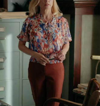 Floral Pattern Knot Front Puff Sleeve Blouse of Teryl Rothery as Muriel St. Claire Outfit Virgin River TV Show