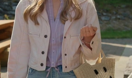 White Denim Cropped Jacket Worn by Sarah Dugdale as Lizzie Outfit Virgin River TV Show